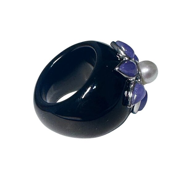 Sterling Silver 925 Onyx Statement Ring w/ Floral Pearl & Amethyst Cabochons  7 - Picture 5 of 13